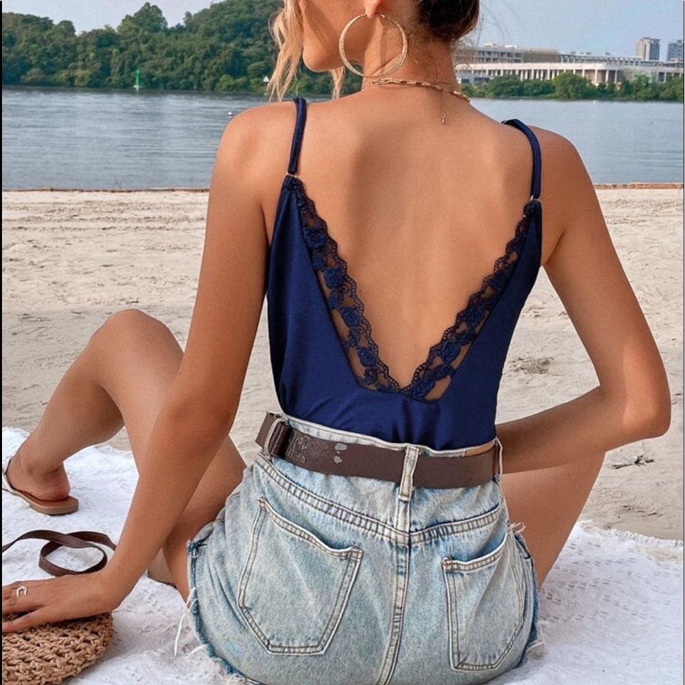Boho Embroidery Lace Sheer Mesh Backless Cami Tank Top Blue - Picture 1 of 11